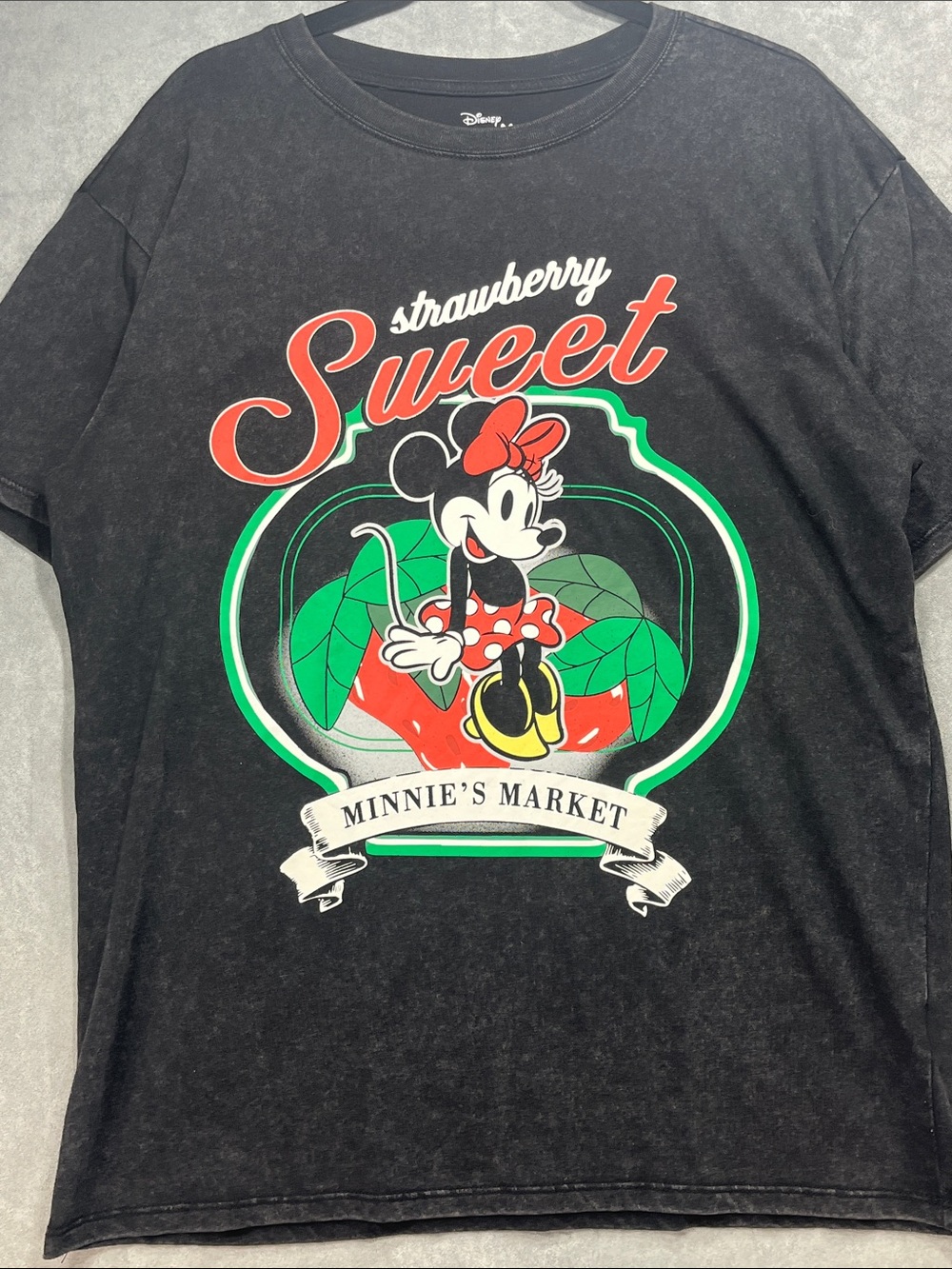 Disney Minnie Mouse Strawberry Sweet Washed Black Graphic Tee XL